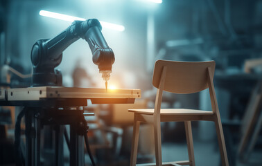 Aufkleber - futuristic robotic arm crafting custom wooden chair in workshop