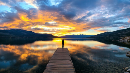 Poster - person stands on dock gazing at vibrant sunset over calm lake
