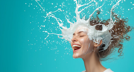 Aufkleber - woman with curly hair joyfully splashes milk against blue background