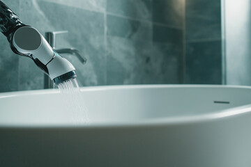 Poster - robotic arm efficiently scrubs modern bathtub, showcasing advanced technology
