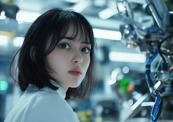 Aufkleber - female engineer in modern laboratory setting, focused and thoughtful