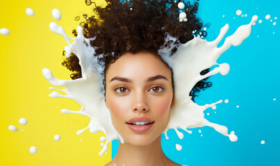 Poster - woman with curly hair is framed by dynamic splash of milk against vibrant yellow and blue background