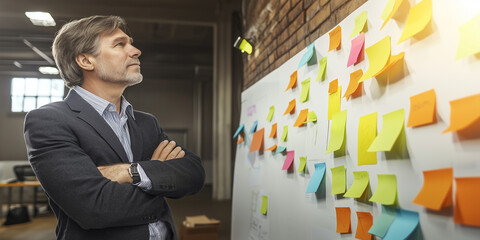 Poster - thoughtful businessman stands in front of wall covered with colorful sticky notes