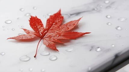 Poster - A single red maple leaf on a white marble surface, water droplets included