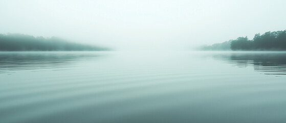 Poster - serene water landscape with gentle fog hovering over still lake