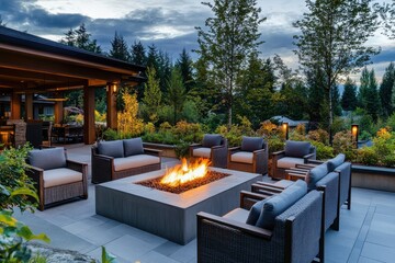 Poster - Elegant outdoor seating area with plush chairs arranged around a fire pit for ultimate comfort