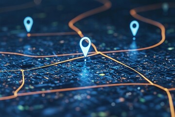 Poster - Strategic Planning forecasting concept. Digital map with location pins highlighting navigation points at night.