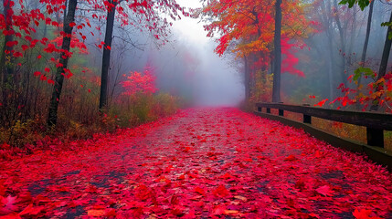 Poster - Autumn forest path covered in crimson leaves, fog rolling in