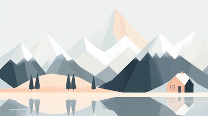 Poster - Flat-design mountains in muted pastels with a tiny cabin