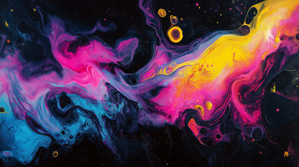 Poster - Fluid acrylic paint swirls in neon colors against a black void