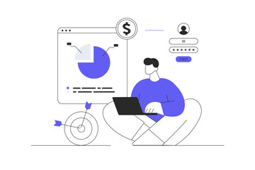 Poster - Digital business concept. Businessman compares sales performance of company and analyzing statistics. Flat Cartoon Vector Illustration, icon. Stylish abstract design for website