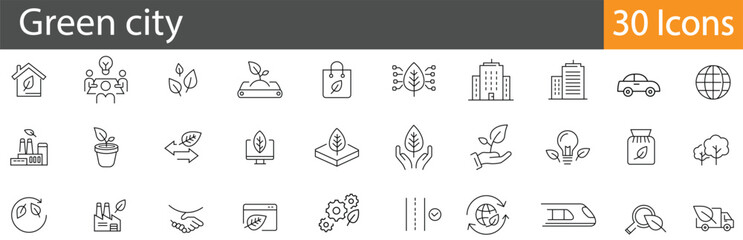 green city line icons set. collection of 30 outline icons representing eco-friendly urban living, su