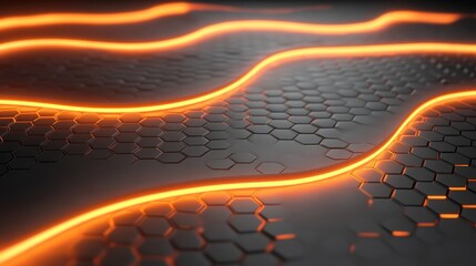 Wall Mural - 3d rendering of glowing orange neon light waves on a black background with a hexagonal grid texture 