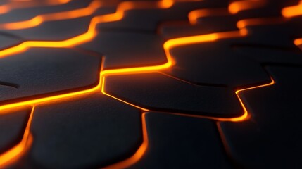 Wall Mural - 3d rendering of glowing orange neon light waves on a black background with a hexagonal grid texture 