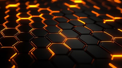 Wall Mural - 3d rendering of glowing orange neon light waves on a black background with a hexagonal grid texture 