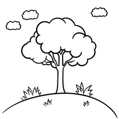 simple tree on hill, cloudscape drawing