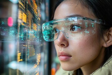 Aufkleber - Young woman observes digital data while wearing augmented reality glasses in a high-tech environment