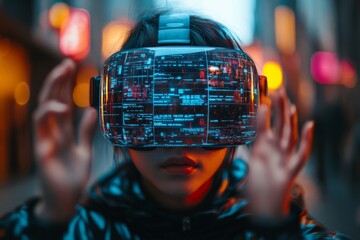 Poster - Virtual reality experience captivates youth in a neon-lit city environment at dusk