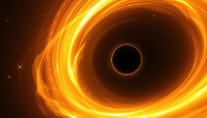 Poster - artistic rendering of black hole surrounded by swirling bright orange and yellow light and gravitational forces