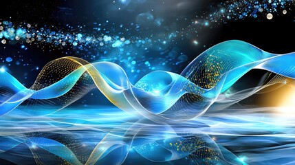 Poster - virtual data transfer representation with smooth blue waves and digital nodes in motion.