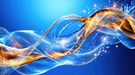 Poster - virtual data transfer representation with smooth blue waves and digital nodes in motion.