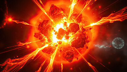 Poster - Fiery space event with debris and intense light cosmic collision celestial phenomenon space background