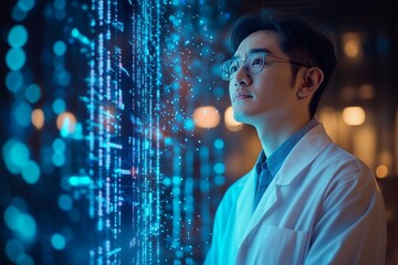 Aufkleber - Scientist analyzes digital data and code in futuristic laboratory setting at night