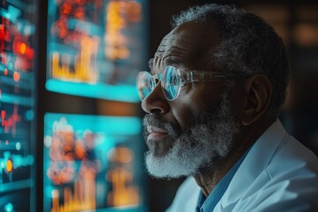 Leinwandbilder - Experienced scientist analyzing data on screens in a modern laboratory setting during evening hours