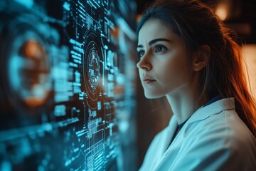 Aufkleber - Young female scientist analyzing data on a high-tech display in a modern laboratory environment