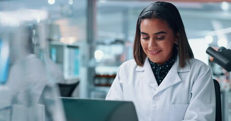 Aufkleber - Development, laptop and science with woman in laboratory for investigation of cure, medicine or treatment. Biotechnology, innovation and research with scientist in clinical trial for breakthrough
