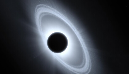 Poster - depiction of black hole with bright accretion disk extreme gravitational lensing