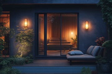 Aufkleber - Cozy evening retreat with warm lights illuminating a serene bedroom and outdoor seating area