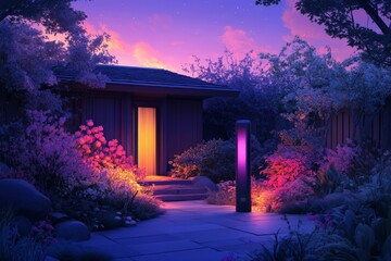 Aufkleber - Vibrant sunset hues illuminate a tranquil garden retreat near a cozy cabin