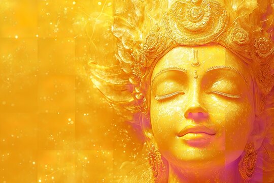 Happy Durga Puja Festival banner design with an artwork of the goddess Druga's face on a yellow backdrop. Generative Ai
