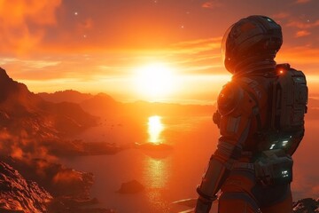 Poster - Astronaut gazes at breathtaking sunset over alien landscape with mountains and ocean