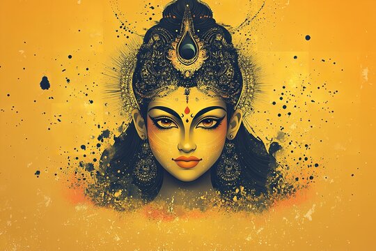Happy Durga Puja Festival banner design with an artwork of the goddess Druga's face on a yellow backdrop. Generative Ai