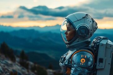 Aufkleber - Astronaut in a futuristic suit gazing at the sunset over a mountainous landscape