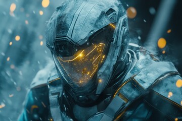Poster - Futuristic soldier in advanced armor with glowing details during intense battle preparation in a sci-fi environment