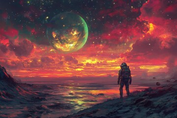 Aufkleber - Astronaut standing on alien landscape under vibrant sky with large moon at sunset
