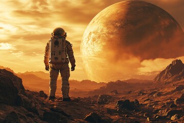 Poster - Astronaut exploring a distant alien landscape against a backdrop of a massive planet at sunset