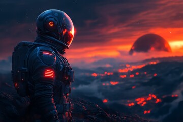 Aufkleber - Astronaut gazes at a fiery landscape during a distant sunset on an alien planet