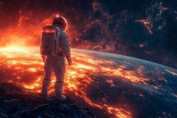 Poster - Astronaut observing Earth's fiery landscape while standing on rocky surface in a distant space setting