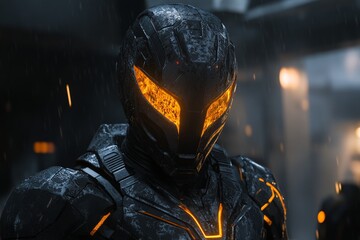 Aufkleber - Futuristic armored figure with glowing eyes in a dimly lit urban environment during a rainy night