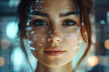 Poster - Futuristic interface overlays on a young woman's face in a digital environment with soft lighting and rich colors