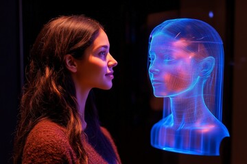 Poster - Young woman interacts with holographic technology in a modern exhibition space