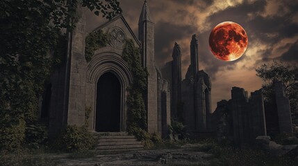 Poster - Gothic cathedral ruins under a blood moon, overgrown with ivy