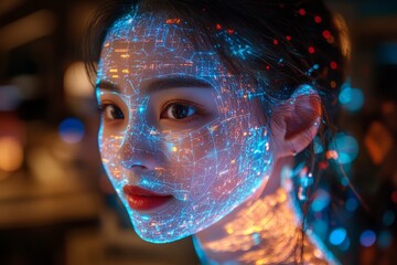 Aufkleber - Visual representation of a woman with glowing digital patterns on her face in a dark, artistic space at night