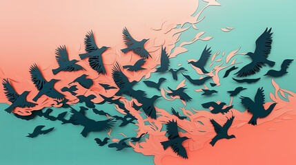 Aufkleber - Paper-cut art of birds migrating across a teal and coral sky 