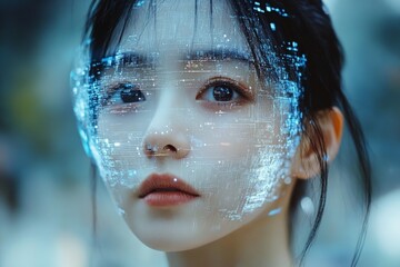 Aufkleber - Young woman with futuristic digital overlay on her face in a high-tech setting, showcasing advanced technology and emotion