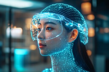 Poster - Exploring futuristic technology with a virtual reality headset in a modern urban environment at night